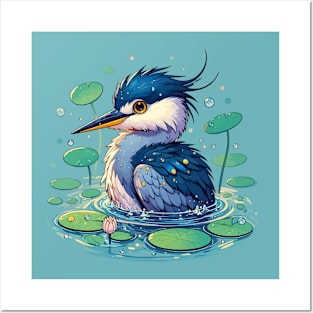 Kawaii Anime Heron Bath With Water Lily Posters and Art